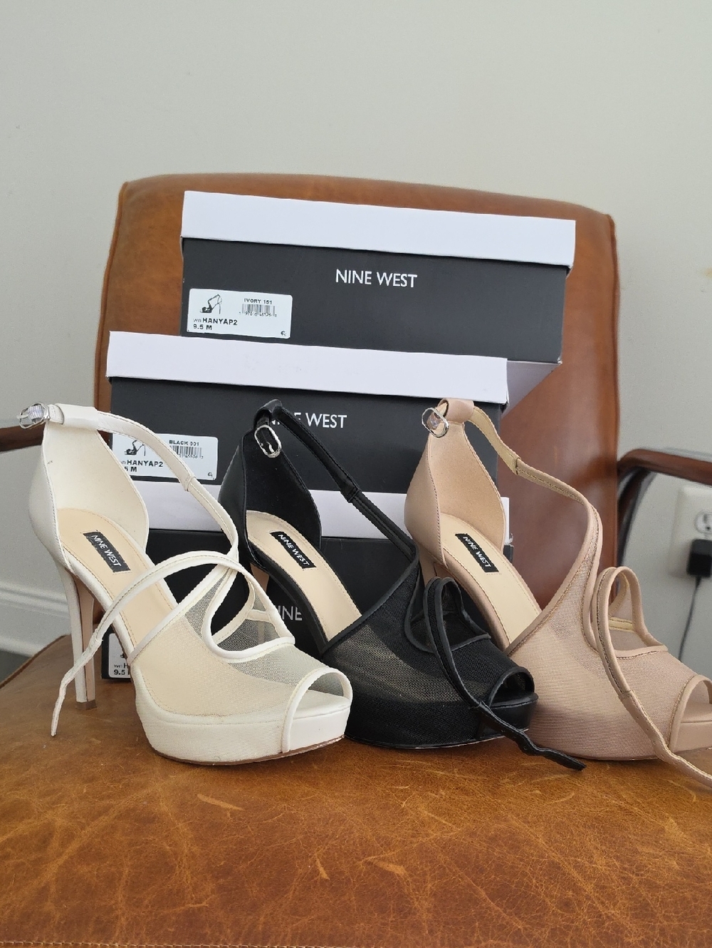 (3) Nine West Platform Strappy Heels in Black (9.5), Tan (9.5), Cream (9.5)